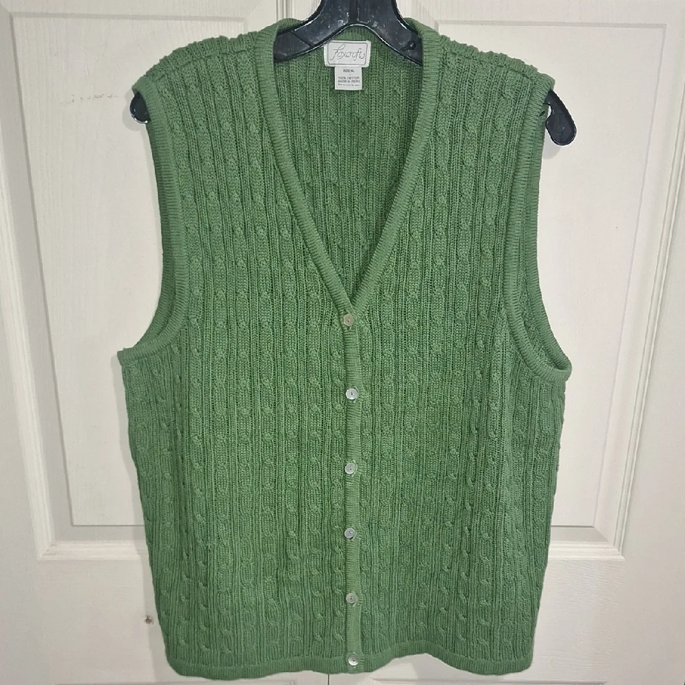 Vintage Foxcroft Green Cotton Cable Knit V-Neck Button Up Sweater Vest-XL